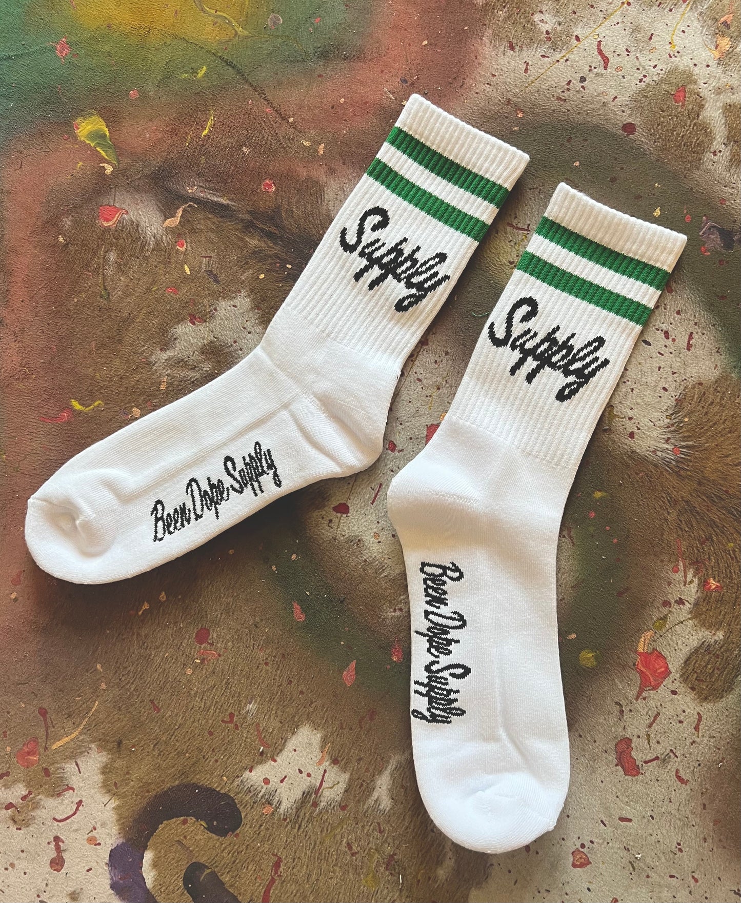 Mens Vintage Green Striped Socks Black and White Pair Size 10-13 Been Dope Supply