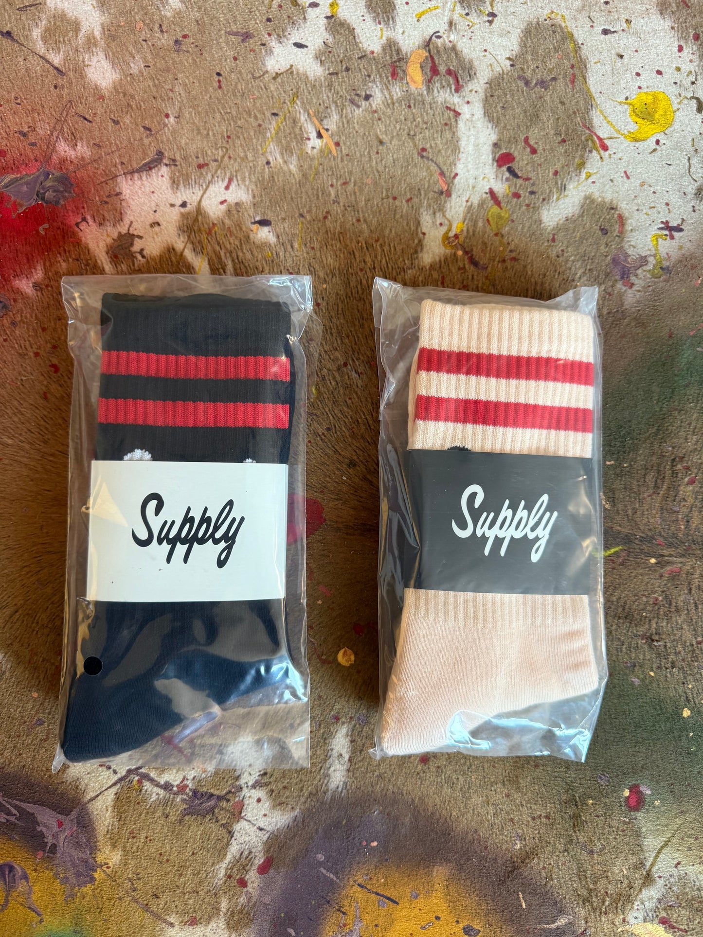 Mens Classic Red Stripe Crew Socks Frank White and Black Pair Been Dope Supply