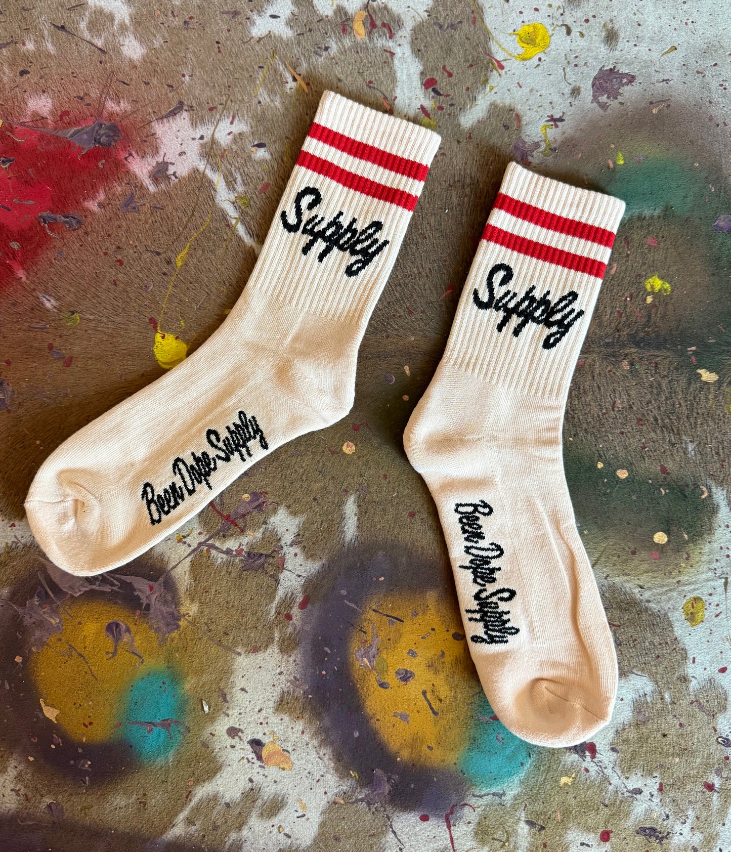 Mens Classic Red Stripe Crew Socks Frank White and Black Pair Been Dope Supply