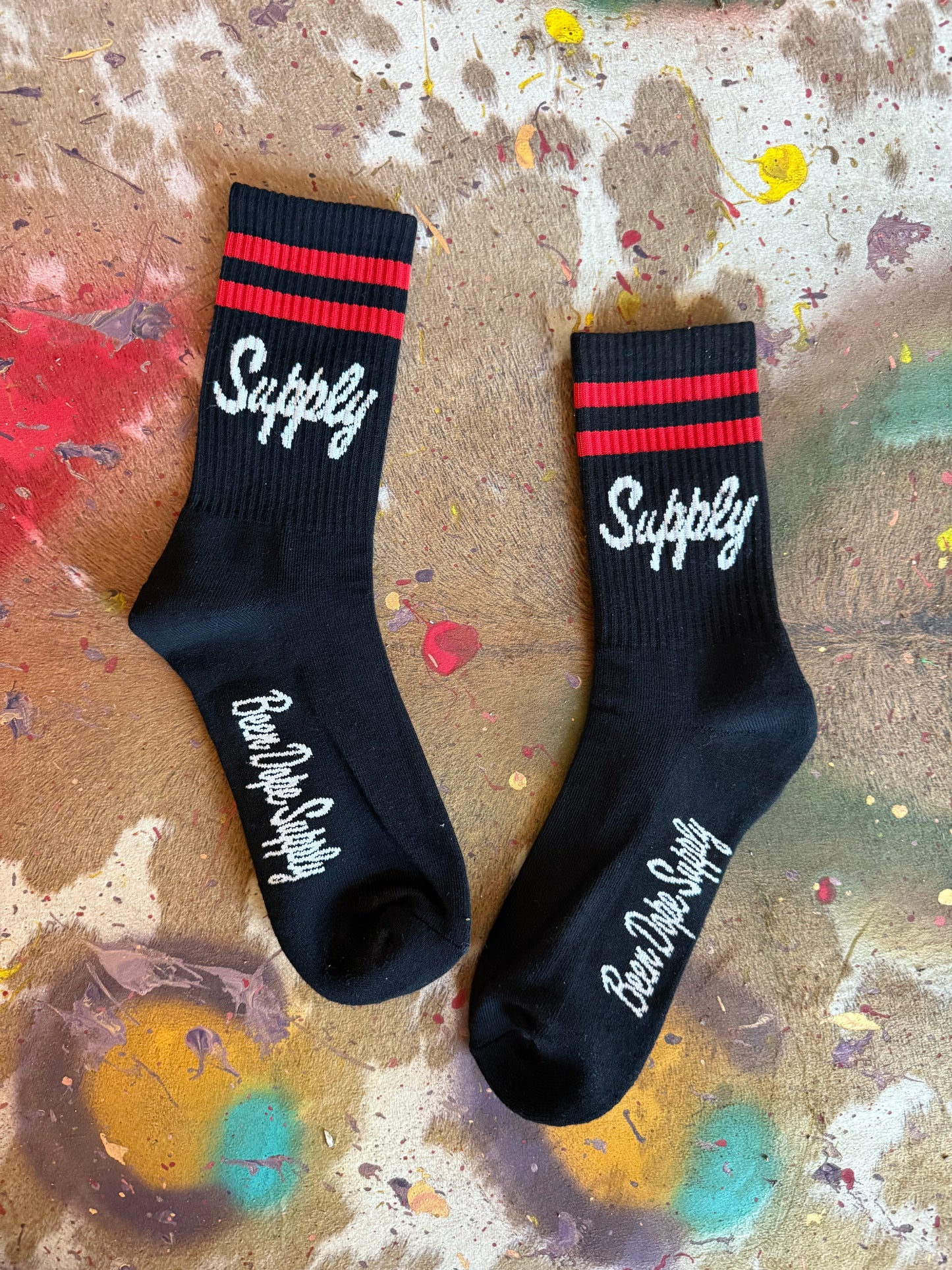 Mens Classic Red Stripe Crew Socks Frank White and Black Pair Been Dope Supply