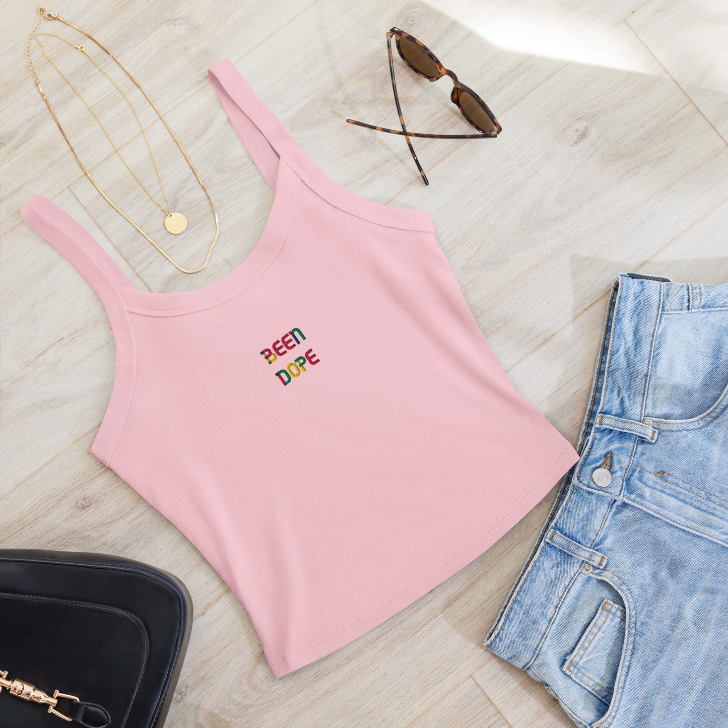 Been Dope Supply Pink Candy Logo Embroidered Women’s Micro-rib Tank Top Mid-Length
