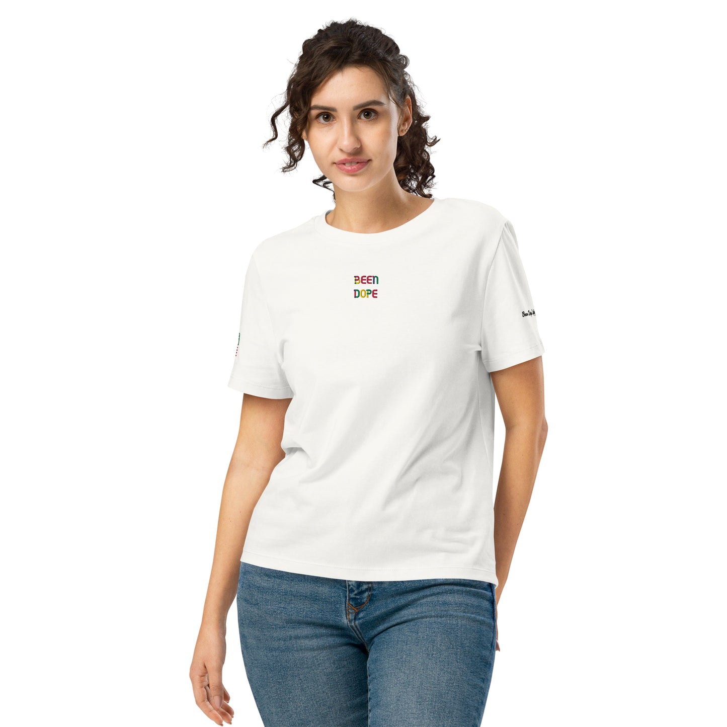 Been Dope Supply Logo Embroidered Women’s Off White Organic Ribbed Neck T-shirt