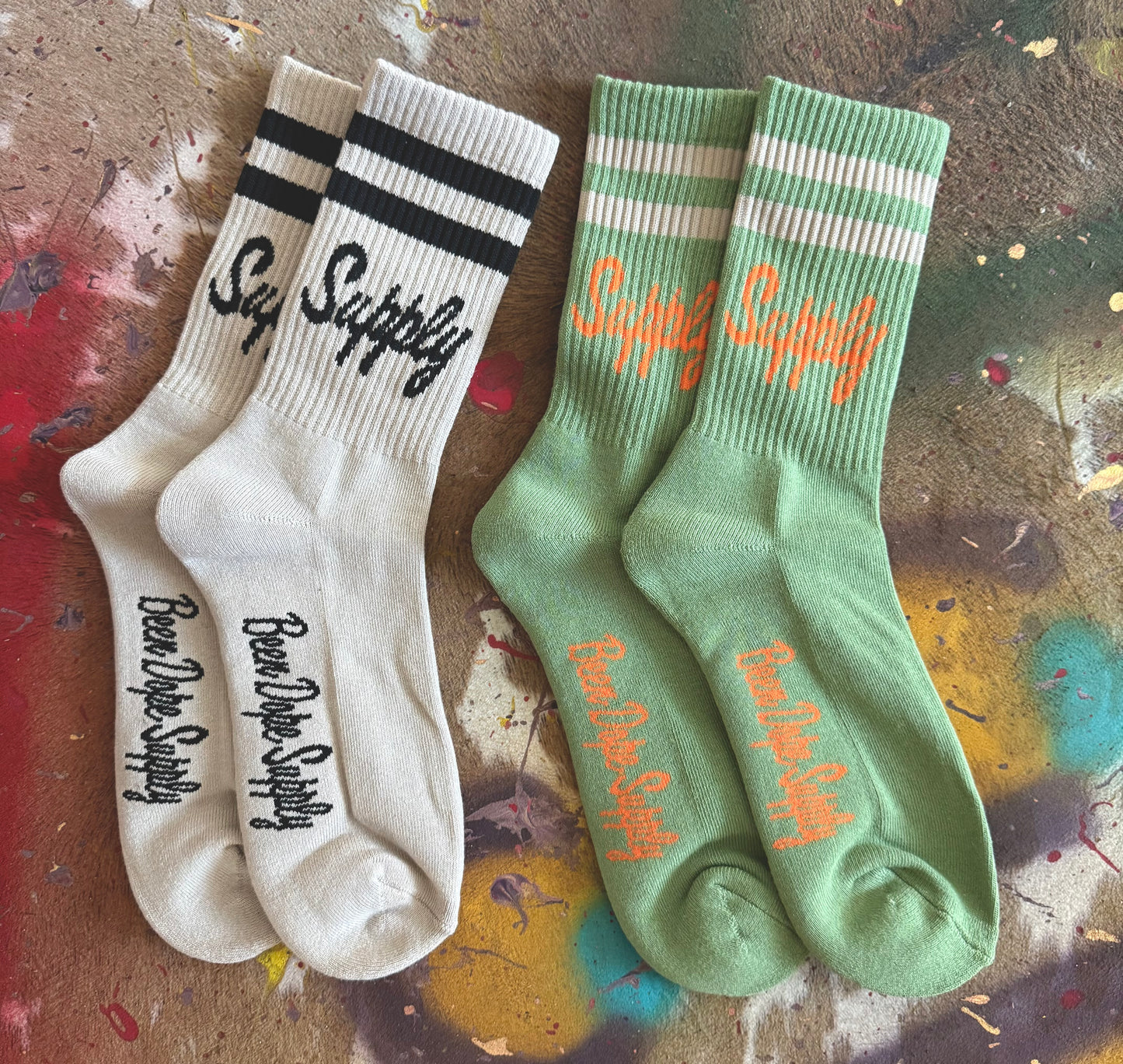 Been Dope Supply Army Issued Striped Crew Socks Sand White and Green