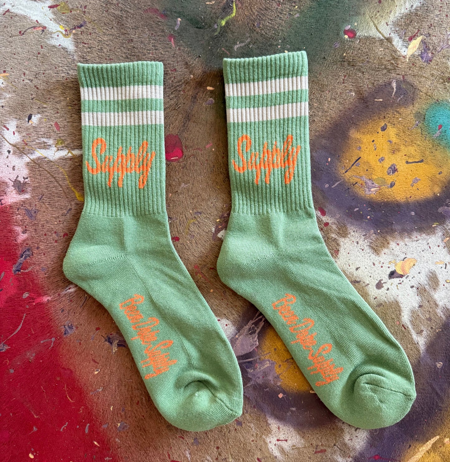 Been Dope Supply Army Issued Striped Crew Socks Sand White and Green