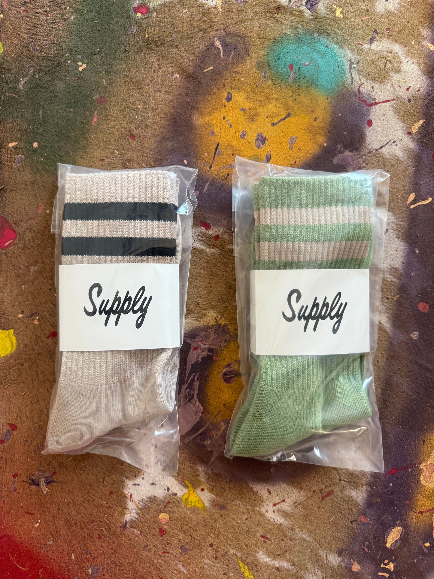 Been Dope Supply Army Issued Striped Crew Socks Sand White and Green