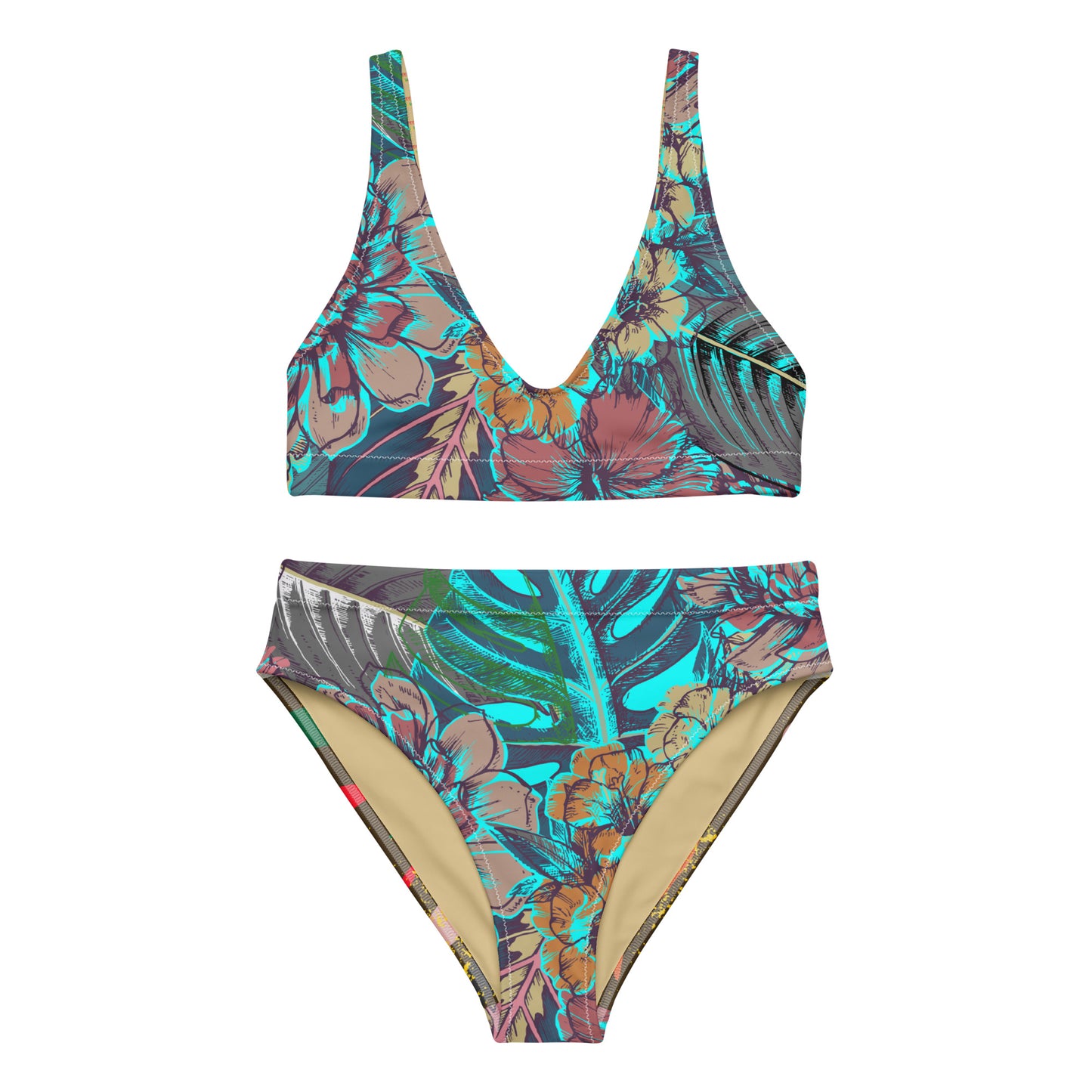 Brown Stripes and Blue Flowers | Women's Two-Piece High-Waisted Bikini