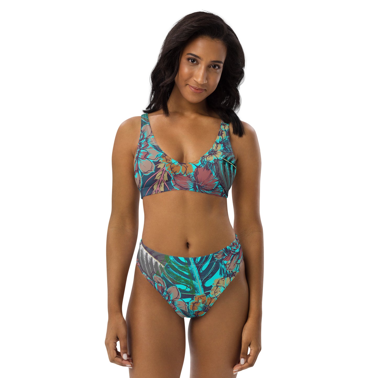 Brown Stripes and Blue Flowers | Women's Two-Piece High-Waisted Bikini