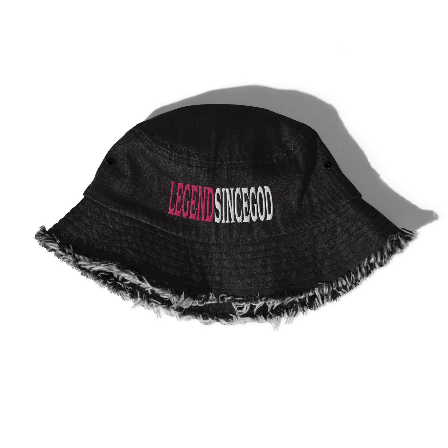 Legend Since God|Black Distressed Denim Bucket Hat|Embroidered