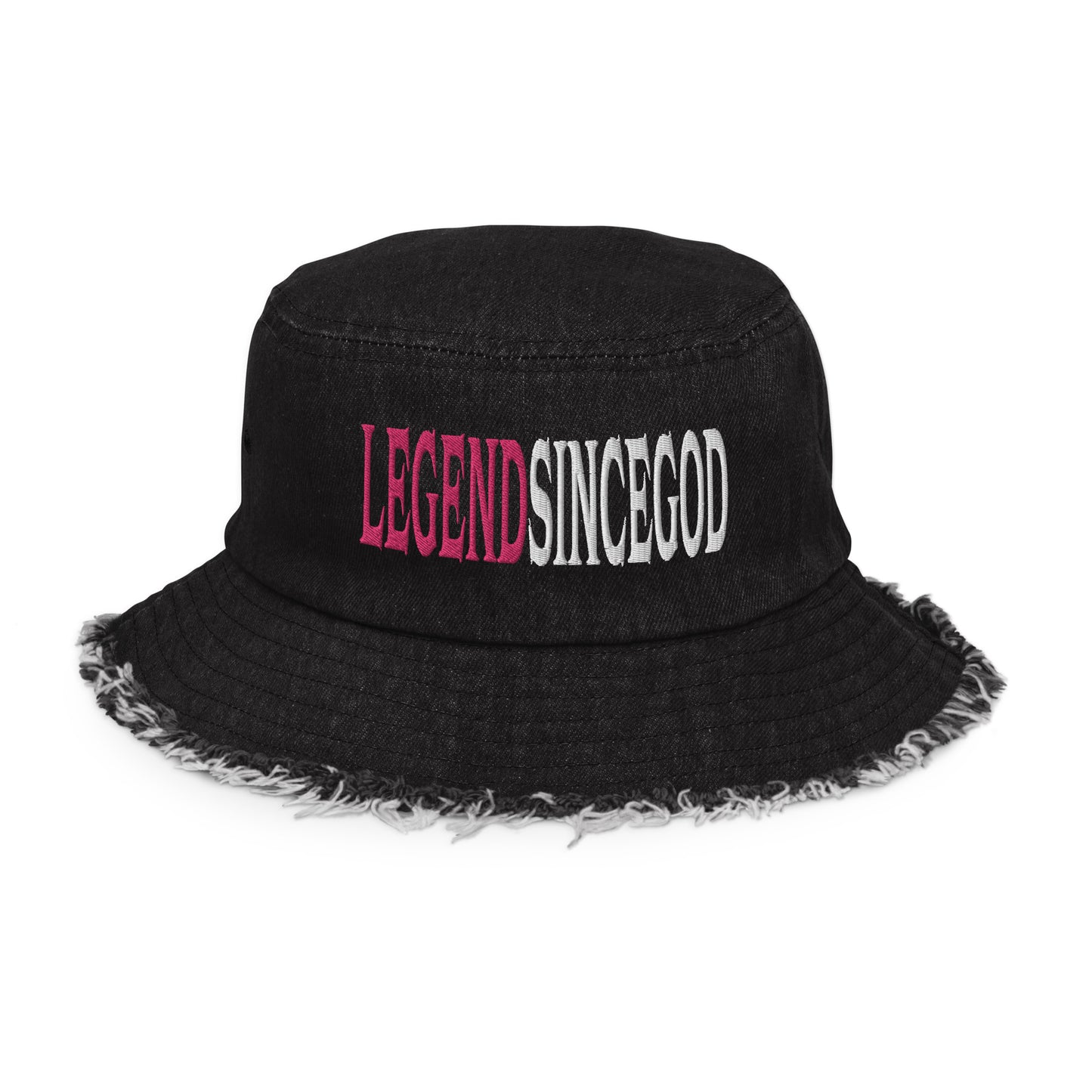 Legend Since God|Black Distressed Denim Bucket Hat|Embroidered