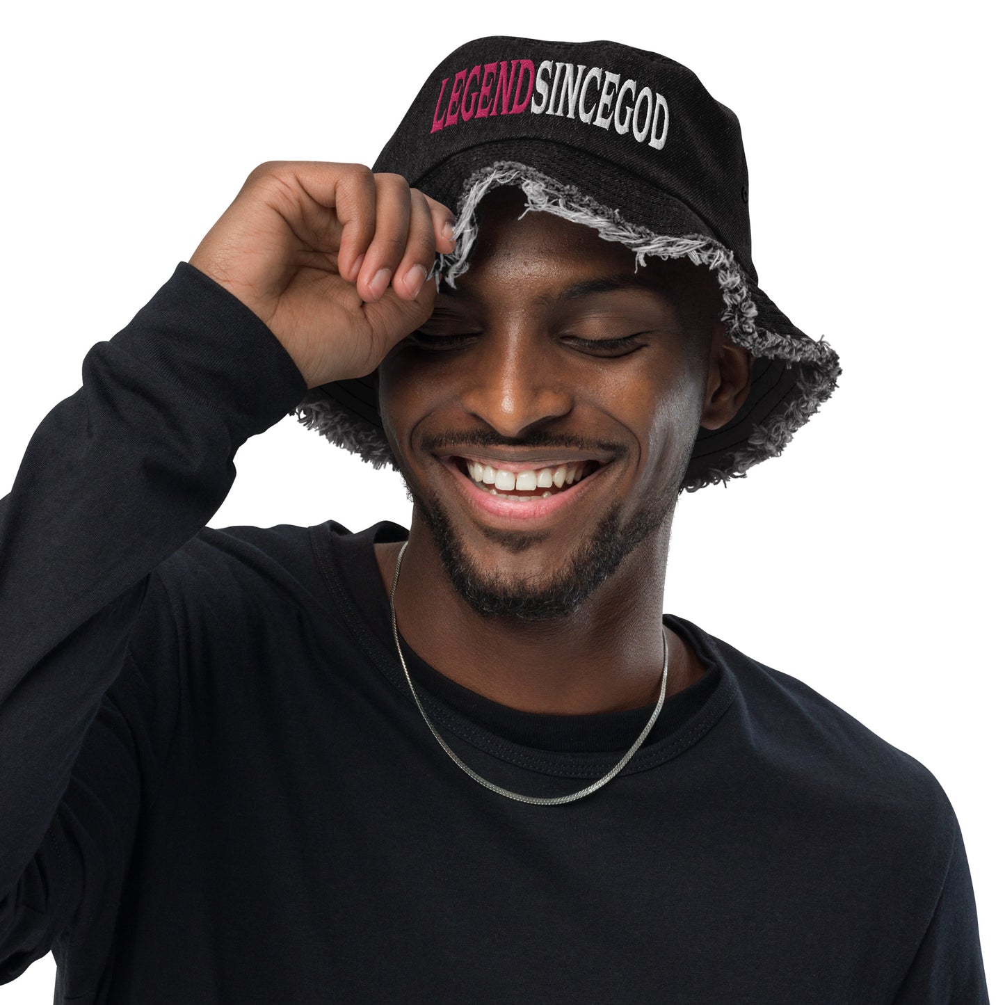 Legend Since God|Black Distressed Denim Bucket Hat|Embroidered