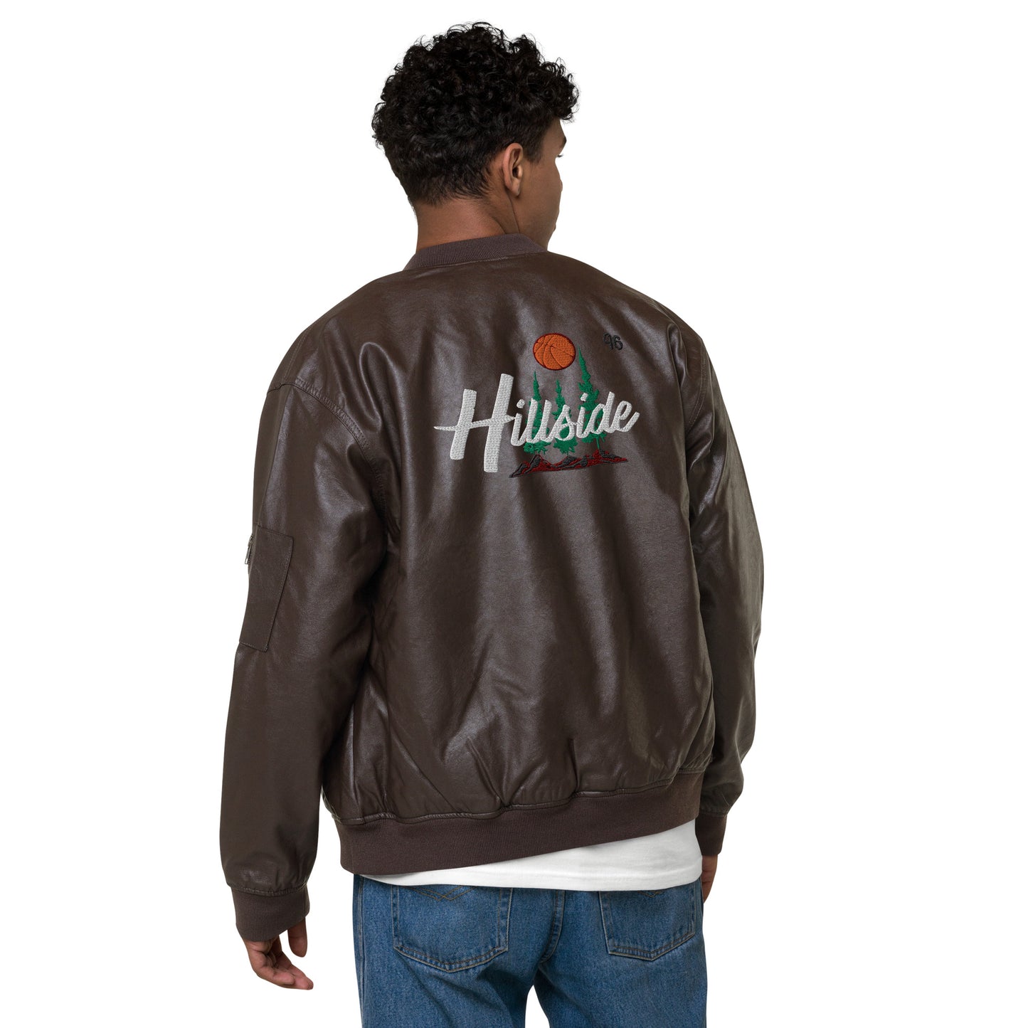 Raw Vintage Hillside 96 Brown Faux Leather Bomber Jacket|Logo Embroidered