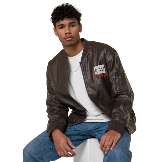 Raw Vintage Hillside 96 Brown Faux Leather Bomber Jacket|Logo Embroidered