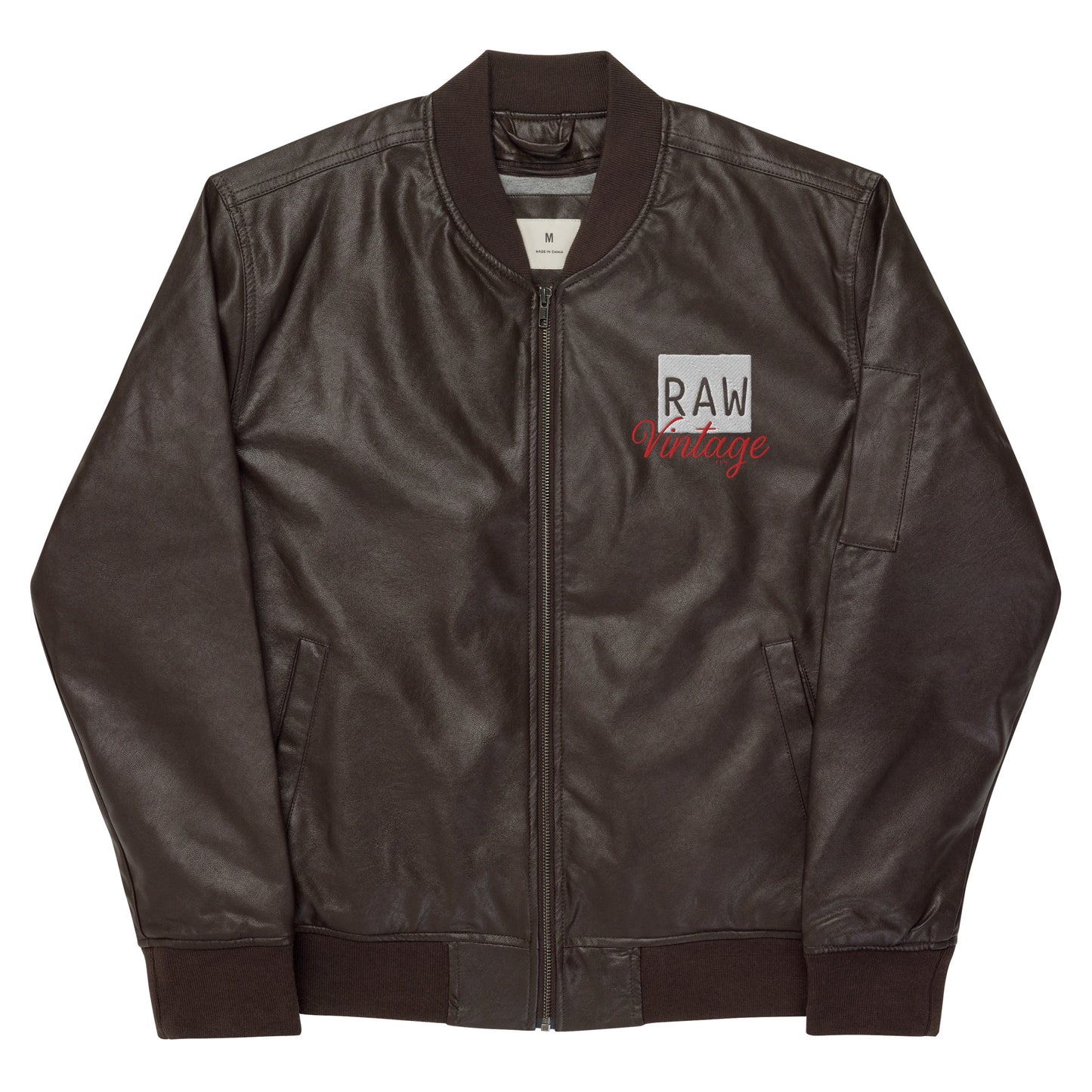 Raw Vintage Hillside 96 Brown Faux Leather Bomber Jacket|Logo Embroidered