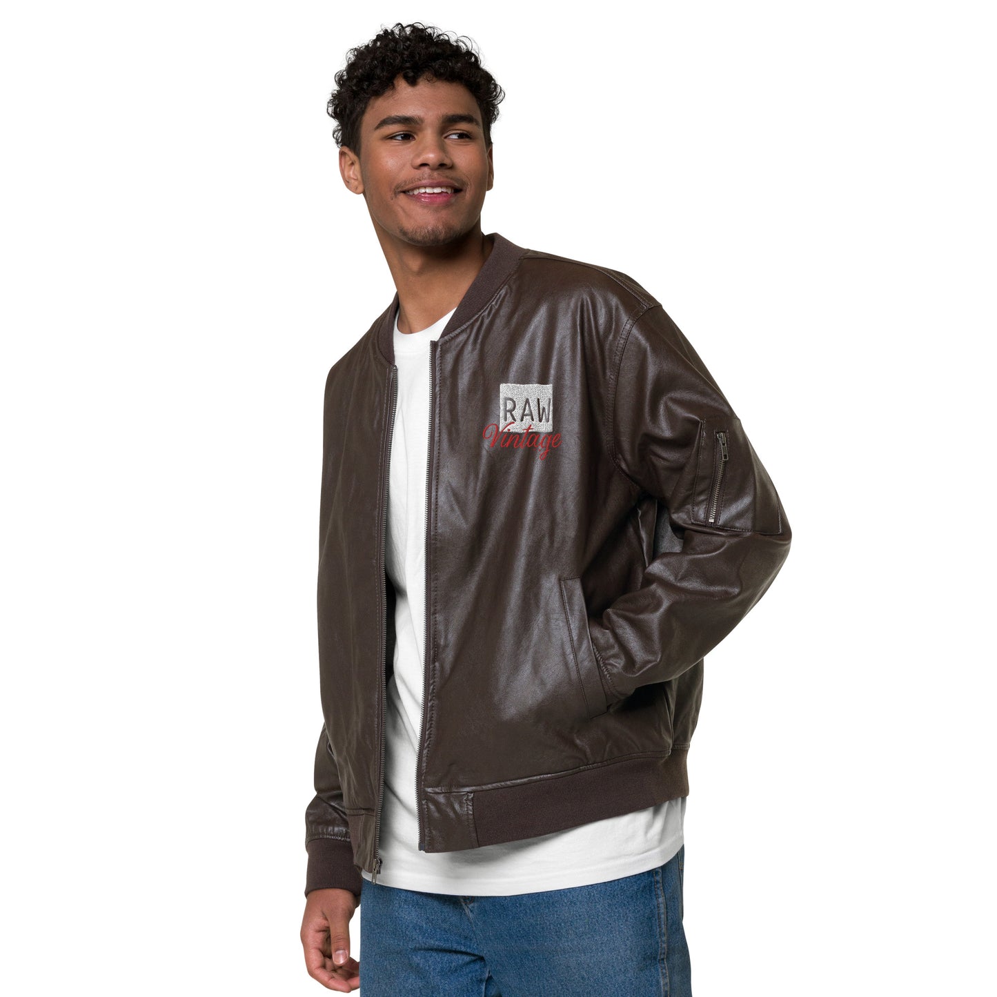 Raw Vintage Hillside 96 Brown Faux Leather Bomber Jacket|Logo Embroidered