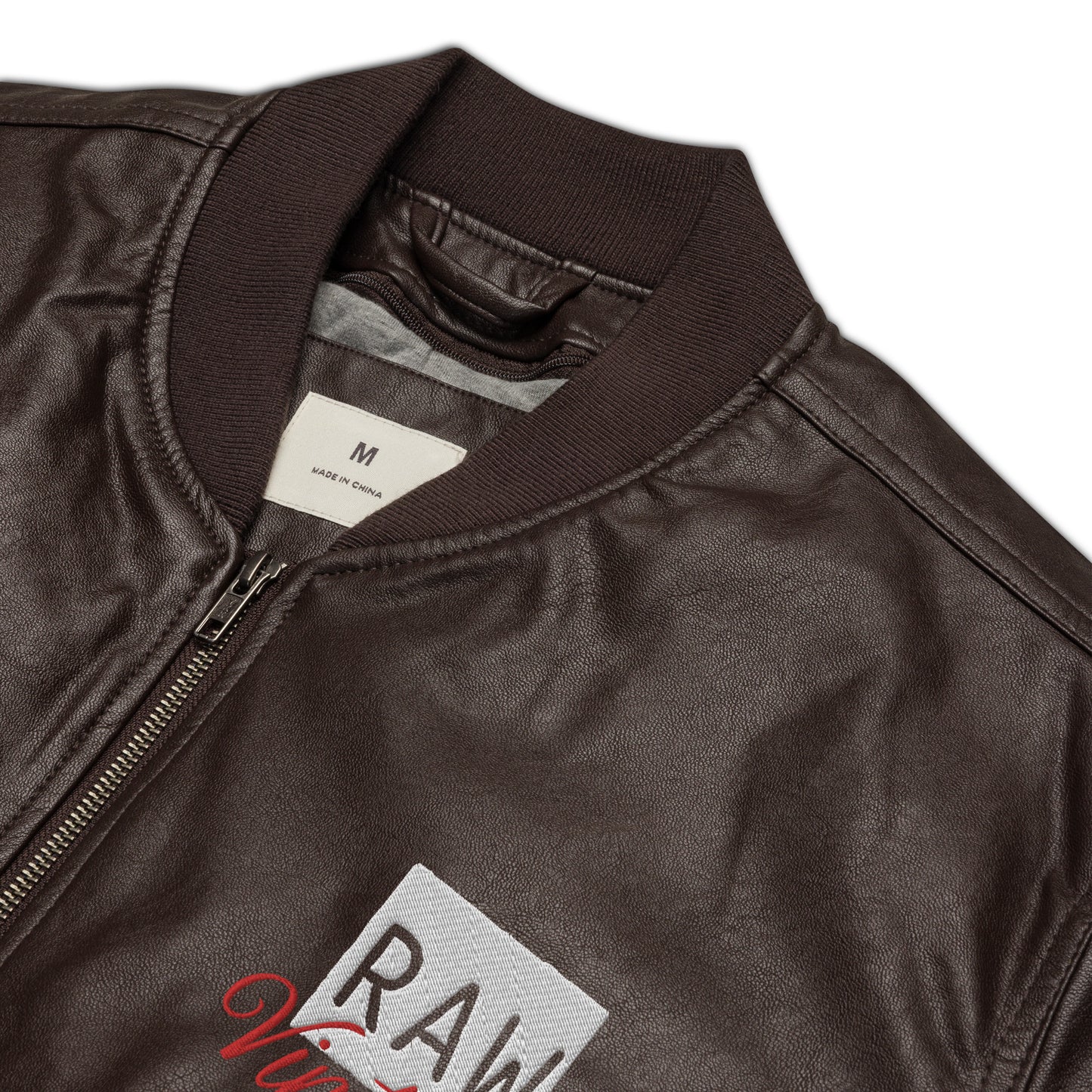 Raw Vintage Hillside 96 Brown Faux Leather Bomber Jacket|Logo Embroidered