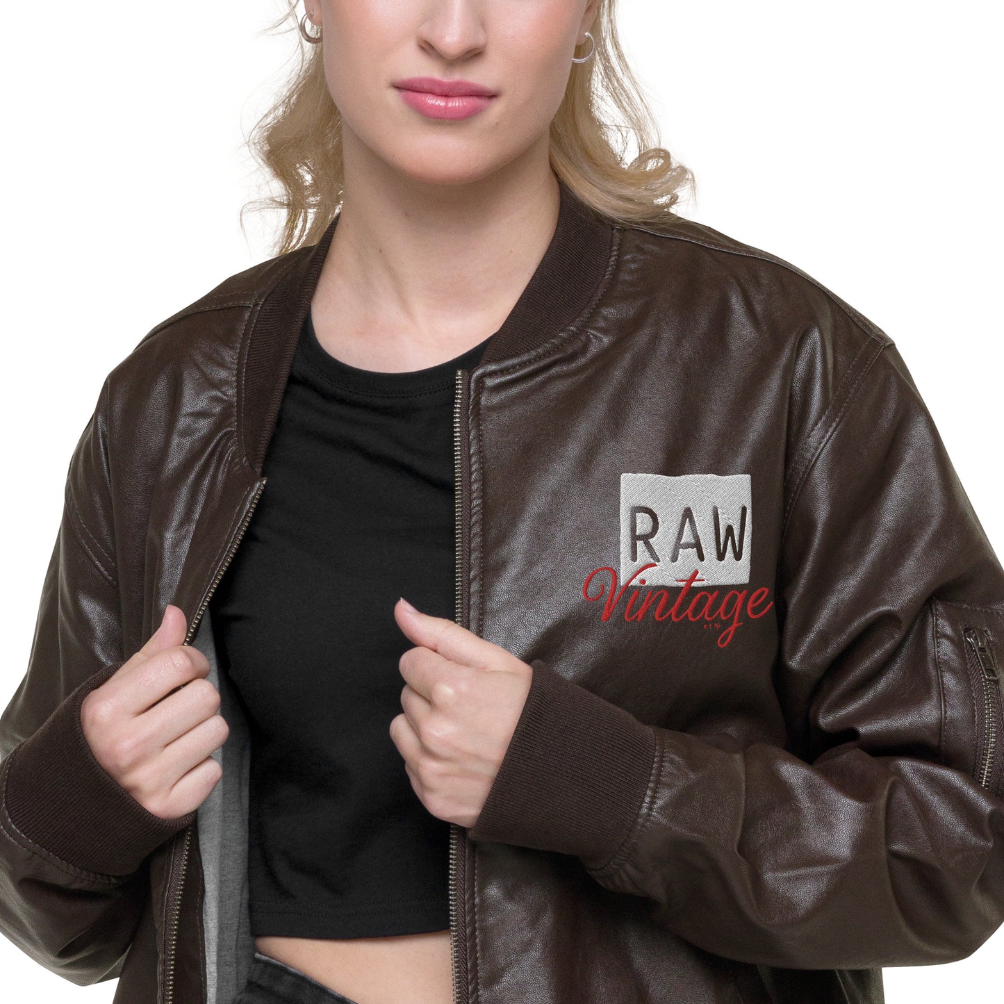 Raw Vintage Hillside 96 Brown Faux Leather Bomber Jacket|Logo Embroidered